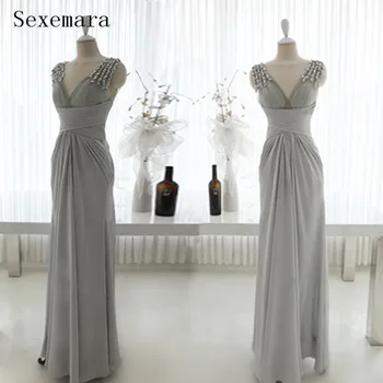 

sexy v-neck gray chiffon prom gown 2018 new crystal beading vestido de festa novia longo robe de soiree Bridesmaid Dresses
