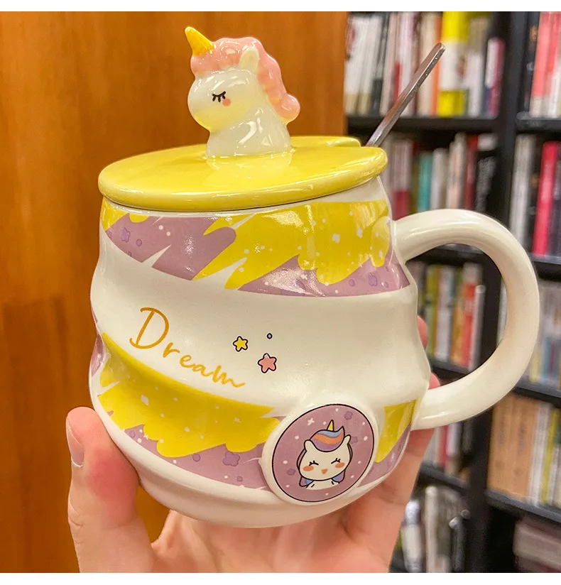 Creative Unicorn Coffee Mug With Lid Cute Cartoon Ceramic Milk Tea Cups With Stainless Steel Spoon 450Ml Tumbler 21 Creative Unicorn Coffee Mug With Lid Cute Cartoon Ceramic Milk Tea Cups With Stainless Steel Spoon 450Ml Tumbler