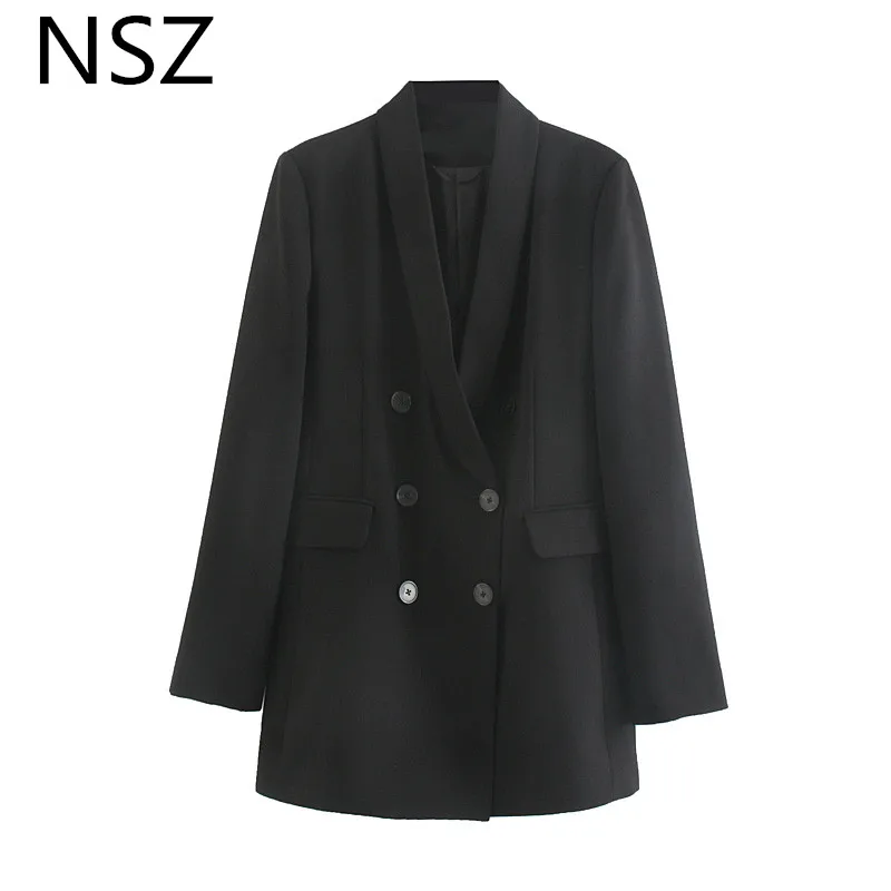 

NSZ Women Solid Black Elegant Double Breasted Blazer Office Lady Work Business Jacket Full Sleeve Coat Female Chic Outerwear