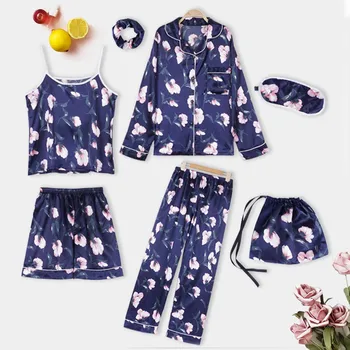 

Women's Home Clothes Sexy Pajamas Suit Faux Silk Printed Sleepwear Nightwear Loose Pyjamas Mujer Female Sleepshirts Nightie 7PC