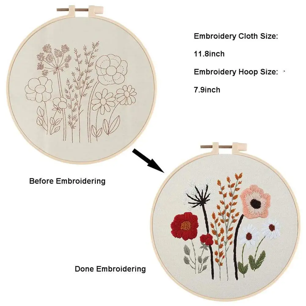 Embroidery Starter Kit For Beginners Cross Stitch Diy Stamped Embroidery with Floral Pattern Hoop Ring Color Threads