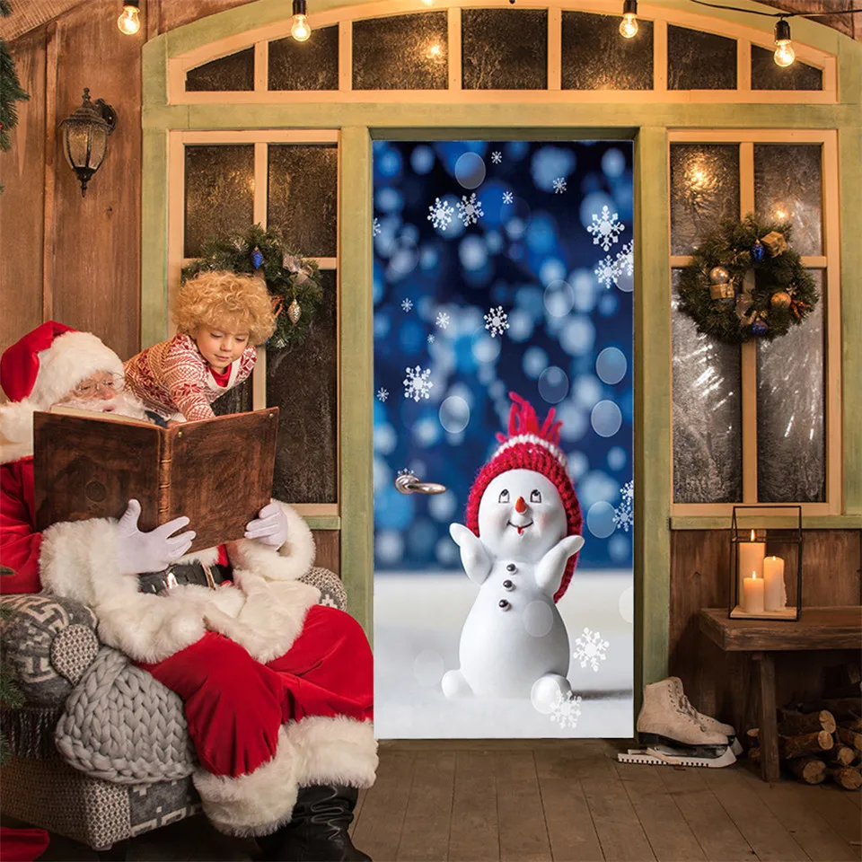 Рождество Снеговик дверь наклейка для гостиной Дети спальня ПВХ водонепроницаемые обои для дверей DIY ремонт фреска на дверь