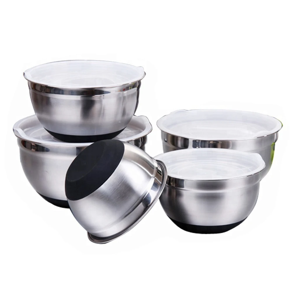 

Stainless Steel Salad Bowl With Lid Thick Silicone Bottom Non-slip Mixing Bowl DIY Baking Tools Professional Baking Kitchenware