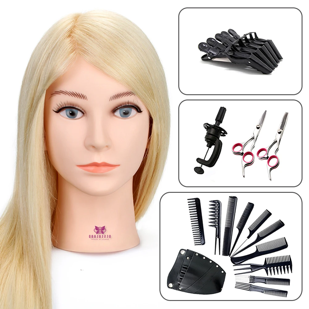

18'' 100% Real Human Hair Hairdressing Training Head for Hairstyles Dummy Doll With Clamp scissors Tools Blonde Mannequin Head