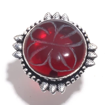 

Genuine Carved Garnet Ring Silver Overlay over Copper , Size: 8 , R6874