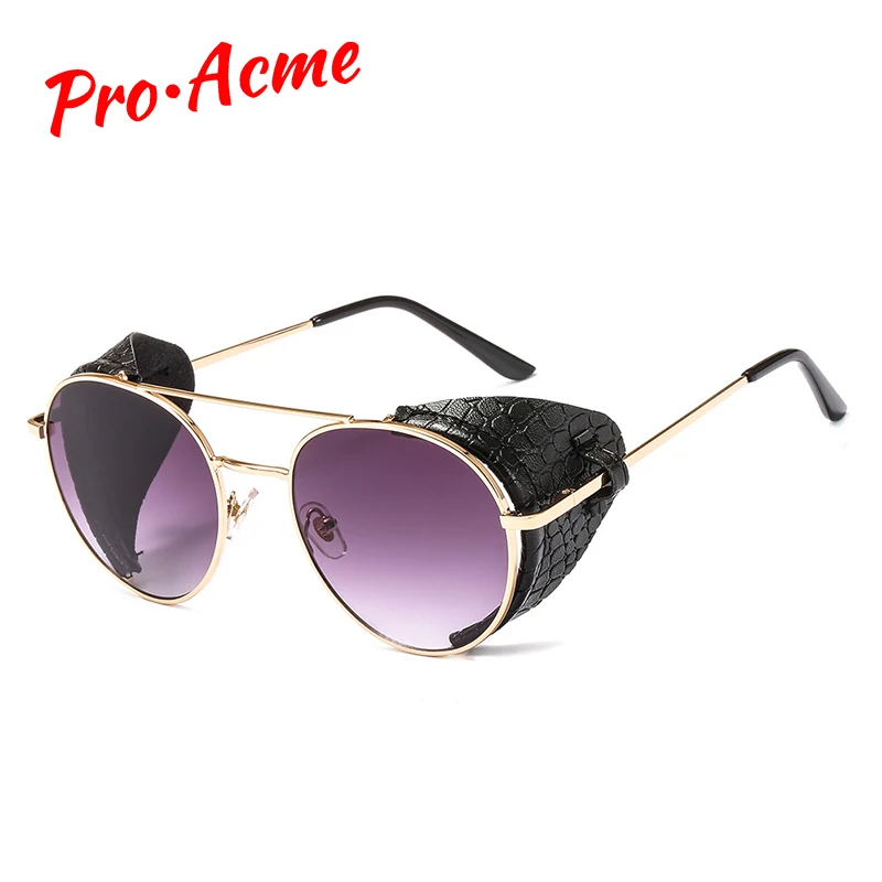 Pro Acme Fashion Retro Steampunk Sunglasses Women Men Gothic Punk Round Sun Glasses Leather Side Shield Brand Design PA1281