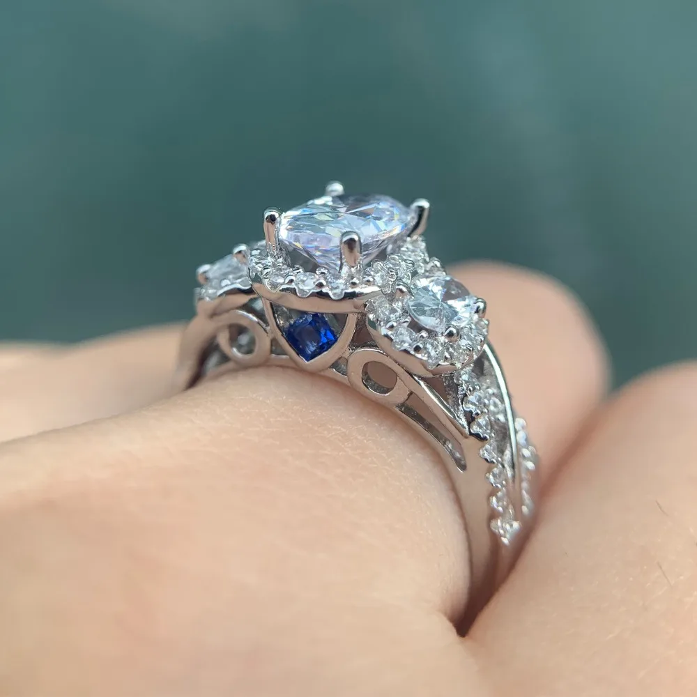 Wuziwen 3,5 Ct овальной формы AAA циркон кольца из стерлингового серебра 925 для женщин синий кристалл обручальное кольцо набор модный подарок для ювелирных изделий