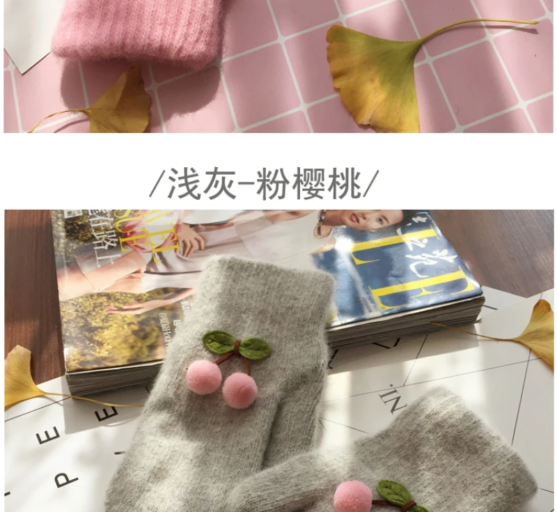 Women Winter Cute Lovely Keep Warm Mittens Full Finger Knitting Gloves Cherry Plus Velvet Inside Thicken Windproof Soft Female