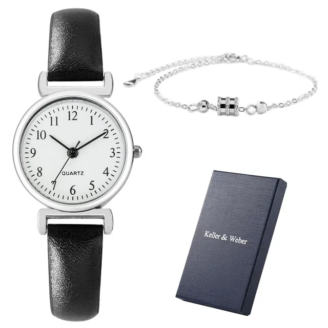 Business Women Quartz Watch Noble Brown Leather Strap Watch Silver Bracelet Ladies Christmas Gifts Set with Box for Mother Gift Set B