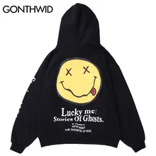 GONTHWID Lucky Me Smile Face Print Fleece Hooded Sweatshirts Hoodies Harajuku Fashion Casual Pullover Tops Streetwear Hip Hop