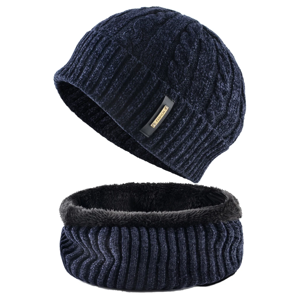 Зимняя теплая шапка и шарф набор толстый вязаный сплошной Skulleis шапочки мужские уличные мягкие толстые бархатные наборы шапка с шарфом Мужская шапочка - Цвет: Blue Set