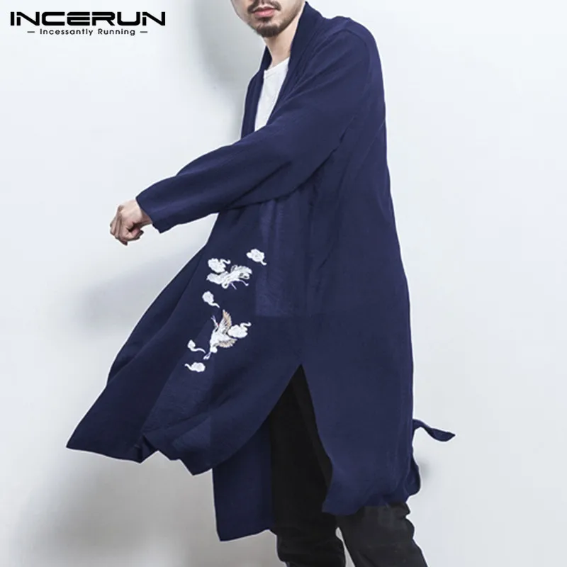 INCERUN, модные мужские длинные кардиганы, ветровка для мужчин, s, мешковатые, с вышивкой Журавля, повседневные, с длинным рукавом, кимоно, мужской ханьфу, Тренч, пальто