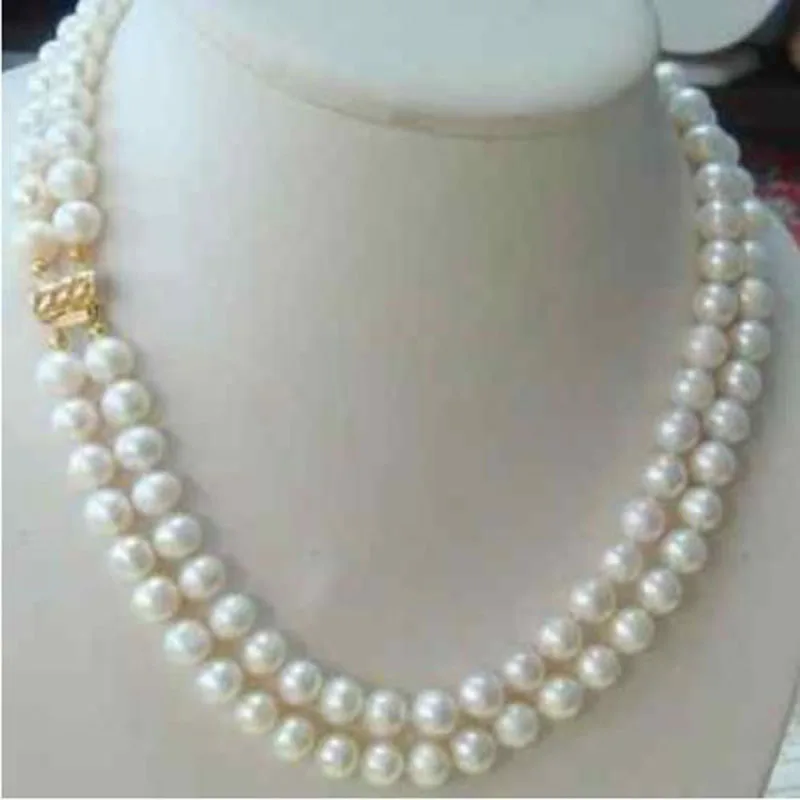 

hot 2 row 9-10MM AKOYA REAL WHITE PEARL NECKLACE 14k Clasp jj