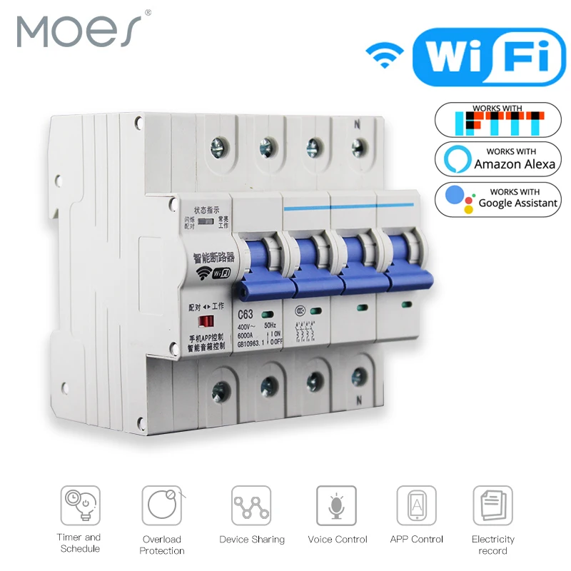 

4P WiFi Smart Circuit Breaker Switch Smart Home Automation Overload Short Circuit Voice Control with Amazon Alexa Google home