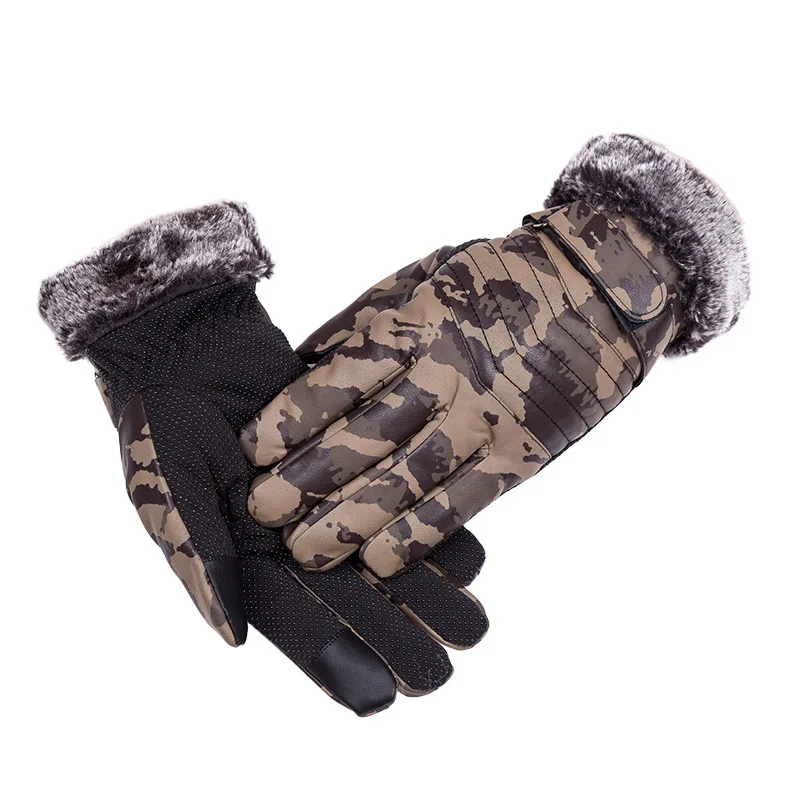 Leather gloves men's autumn and winter warm plus velvet thickened motorcycle outdoor riding students camouflage gloves new