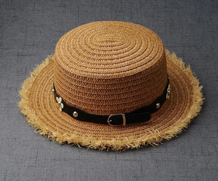 Соломенная шляпа с плоским верхом на лето и весну Для женщин поездки шапки досуг Pearl Beach солнца Шапки черные Дышащие Модные для девочек в