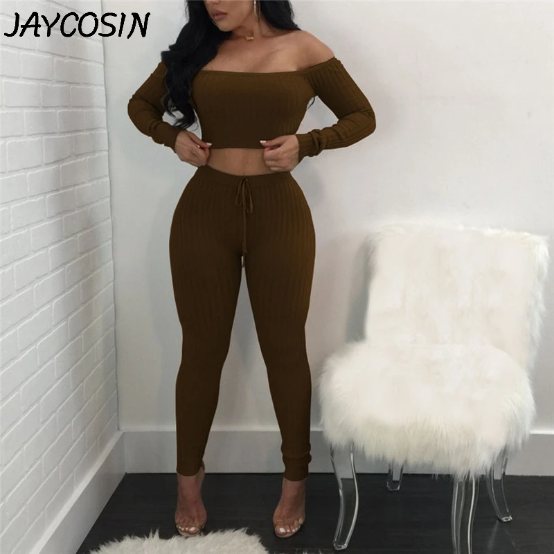JAYCOSIN спортивный костюм женский однотонный Повседневный с длинным рукавом с открытыми плечами обтягивающие топы набор длинных брюк модные Женский комплект 2 шт. костюмы А5