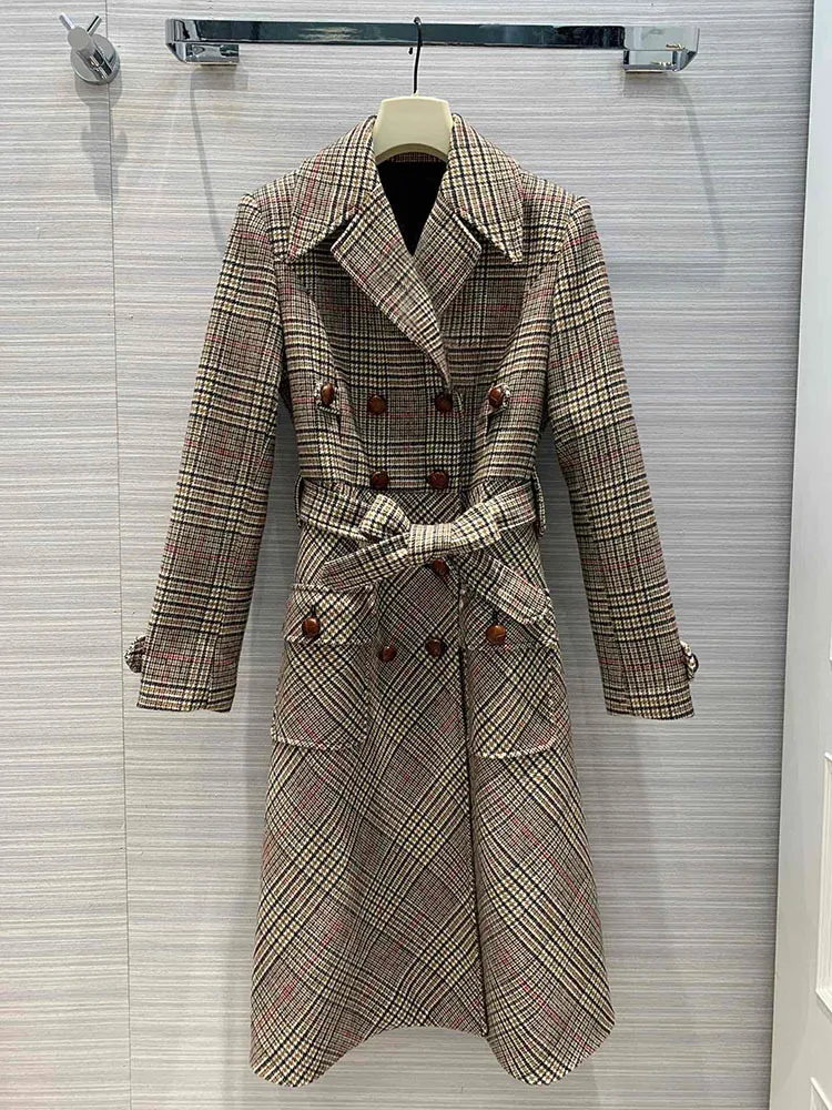 

2019 Autumn New Temperament Elegant Three-dimensional Cut Waist Plaid Women Wool Long Coat