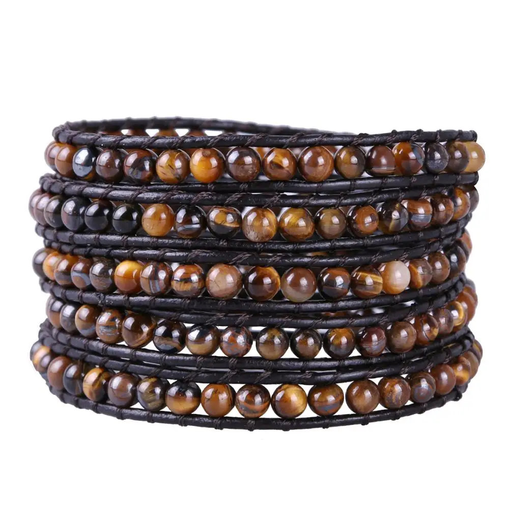 

KELITCH Women Wrap Bracelets Tiger Eye Beaded 5 Strands Leather Rope Woven Bracelet Mother Daughter Gifts Jewelry Vintage