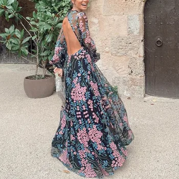 

HAMALIEL Women Sexy Backless Maxi Dress Summer Floral Print Chiffon Holiday Long Ball Gown Dress Runway Lantern Sleeve Dresses