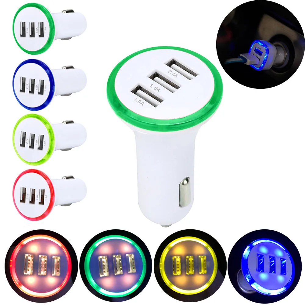 

3.1A LED Backlight Night Light USB 3 Port Adapter Outlet Car Charger Short Circuit Protection for Iphone / Samsung / HTC #10