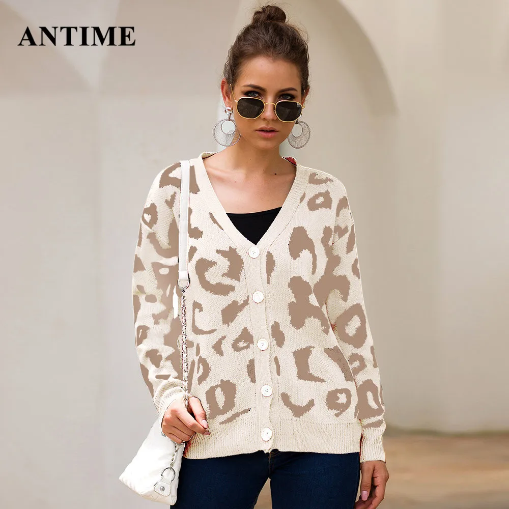 

Antime Women Cardigan Sweater V Neck Single Breasted Casual Long Sleeve Jumper Autumn Winter Knitted Leopard Sweater