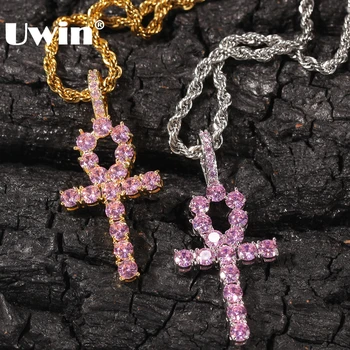 

UWIN Women Ankh Cross Pendant PINK Iced Cubic Zirconia Stones Gold Silver Color Necklace Colored Fashion Hiphop Jewelry