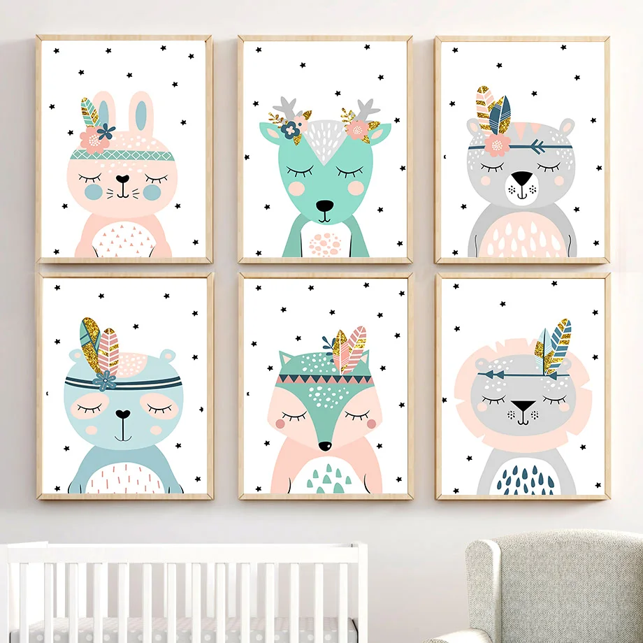 Flower Feather Lion Fox Bear Animal Wall Art Canvas Painting Nordic Posters And Prints Cartoon Pictures For Kids Room Decor | Дом и сад