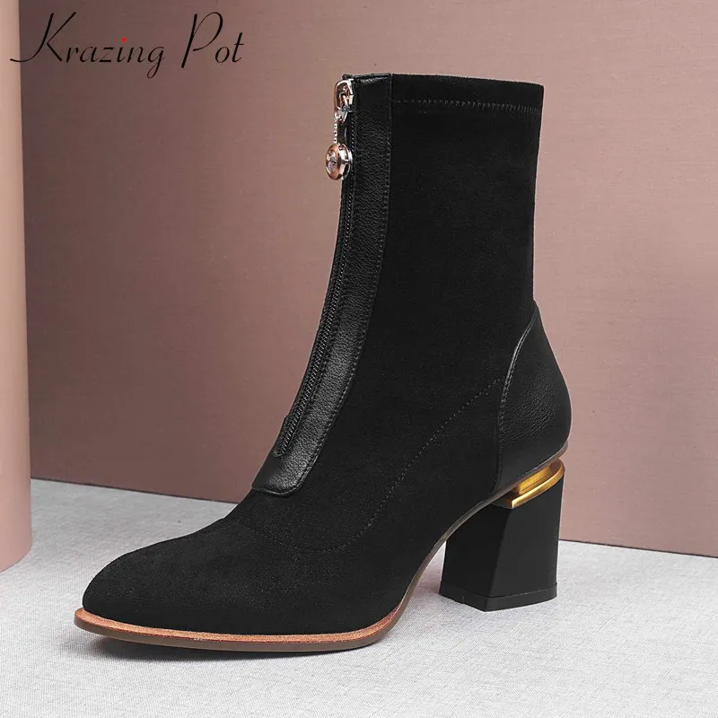 

krazing pot popular crystal Zipper soft flock stretch boots metal decorations high heels round toe winter women ankle boots L67
