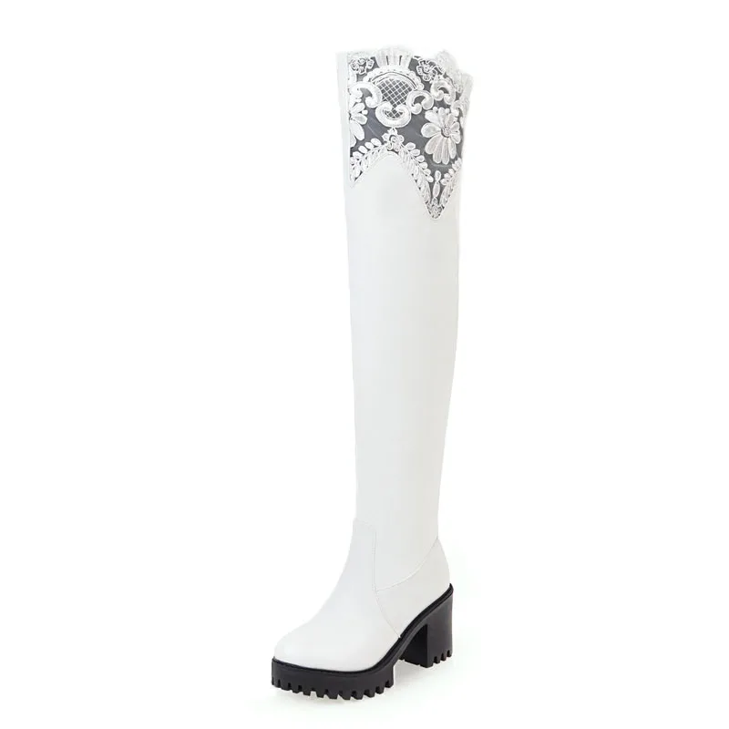 ZALAVOR Women Over Knee Boots Fashion Black White Winter Platform Boots Warm Fur Casual Lace High Heel Shoes Women Size 33-45 - Цвет: Белый