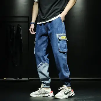 

2020 Spring autumn Fashion Men jeans Plus size 3XL Multi-pocket Denim trousers Man casual Elastic waist Harem pants w347