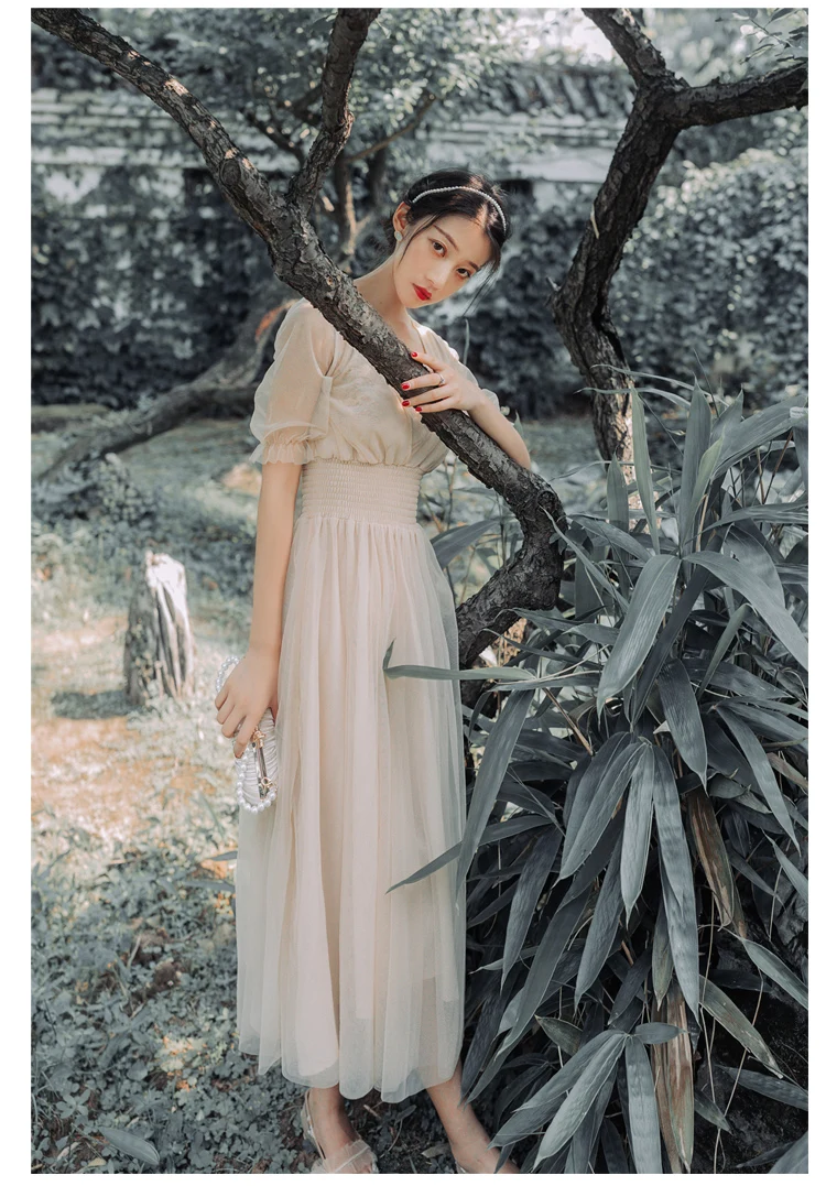 YOSIMI V-Neck Short Sleeve Chiffon Long Women Dress Summer Vintage Maxi Empire Beige Lace Ladies Party Dress Ankle-length