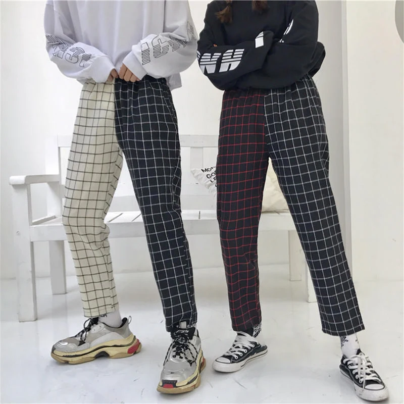 Vintage Plaid Patchwork Pants Harajuku Woman Trousers Elastics High Waist Pants Korean Causal Straight Checkerboard 2020 Autumn