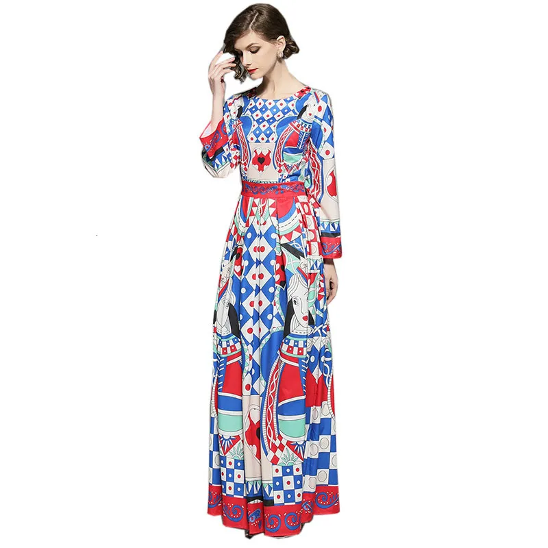 

Runway Fashion Europe Plaid Geometry Print Big Swing Maxi Dresses Women High Street Abstract Elegant Full Maxi Party Vestidos