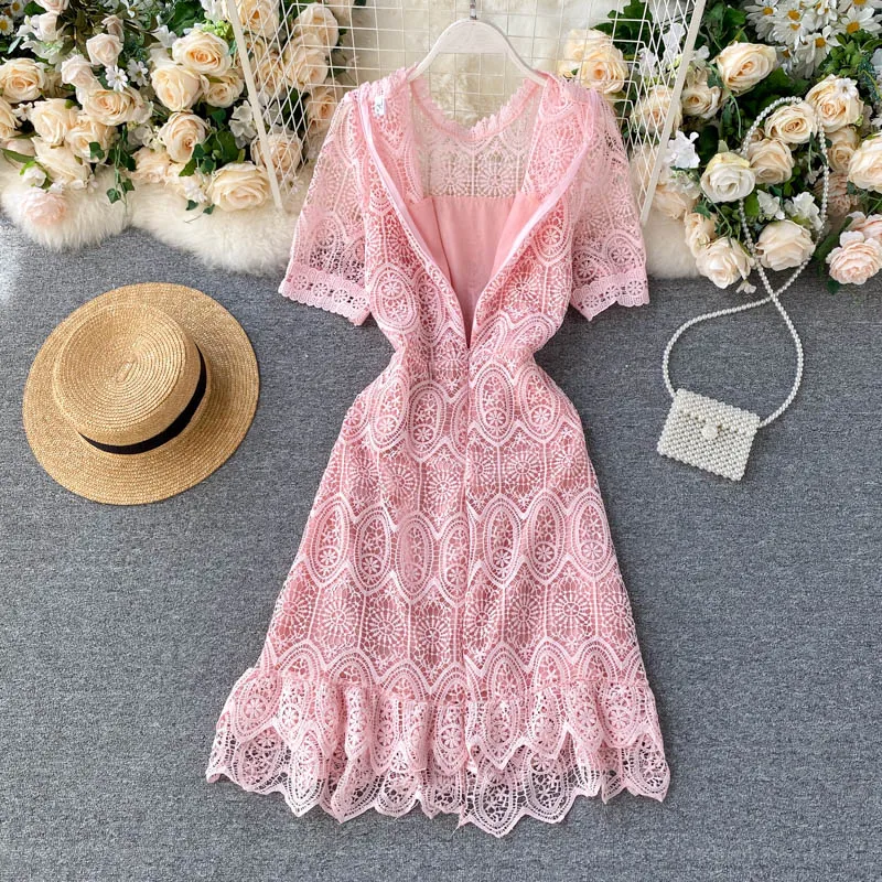Lady Court Dress Women 2020 New Fashion Sexy Round Neck Short Sleeve Hollow Lace Ruffled Slim Solid Color Elegant Vestidos H969