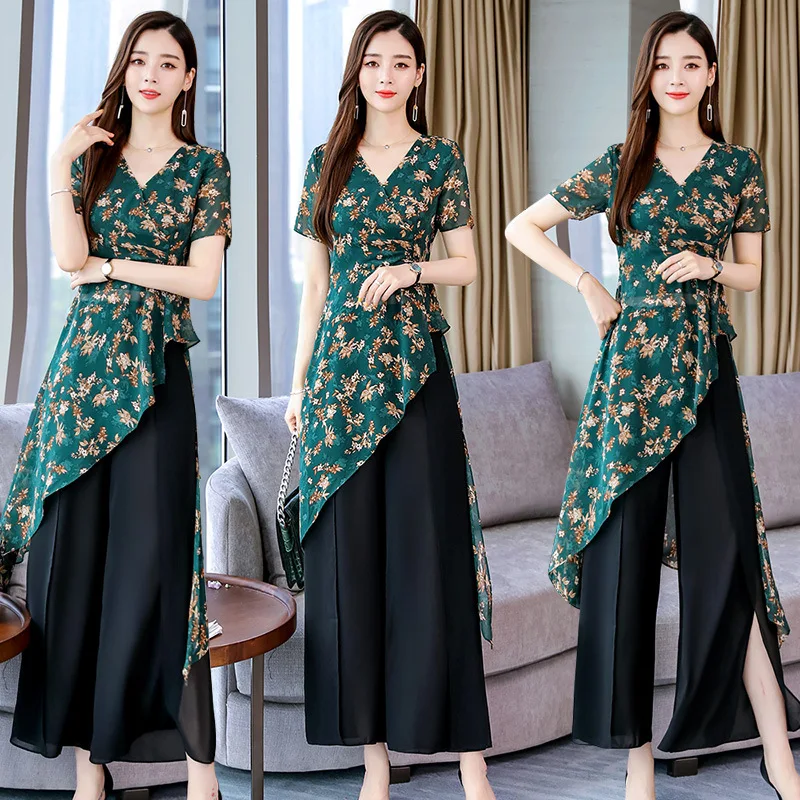 

Solid Color Fashion 2019 Summer Crew Neck Loose Waist Floral Simple Versatile Cool Short Sleeve Set