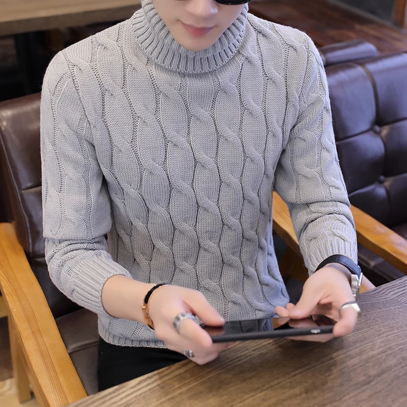 

2019 Autumn New slim fit Men's Turtleneck Sweater Male Plaid Knitted Pullover Sweaters Casual High Neck knitwear Sweater Tops