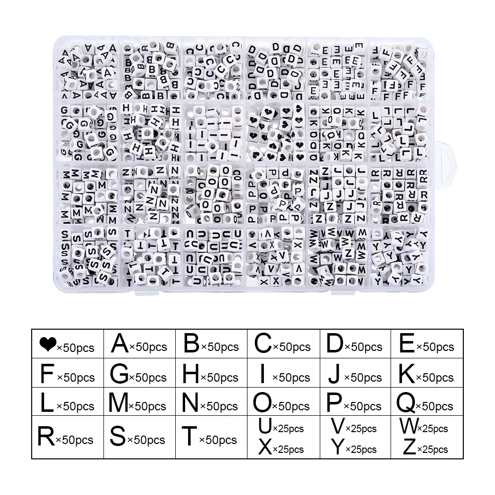 1200 шт. акриловый смешанный цвет квадратный белые/черные алфавитные бусины кубики с буквами бусы и любовь сердца 6x6 см - Цвет: B