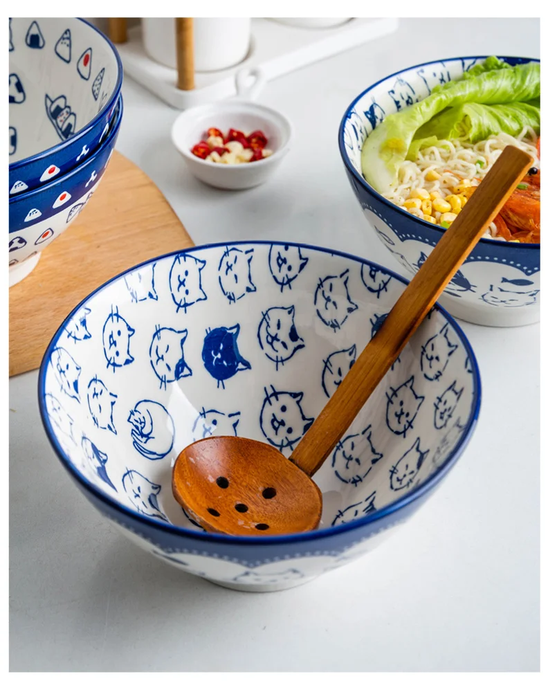 1100ml cat printed 7 inch soup bowls Japan style large capacity noodles ramen bowl cartoon under glazed cutlery