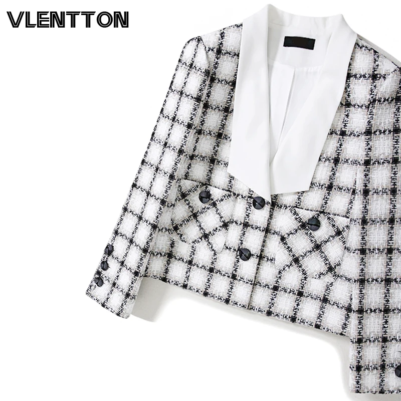 

2020 Spring Autumn Vintage Plaid Tweed Blazer Women Sexy V-Neck Short Suit Jacket Coat Female Tops Office Lady Blazers Feminino