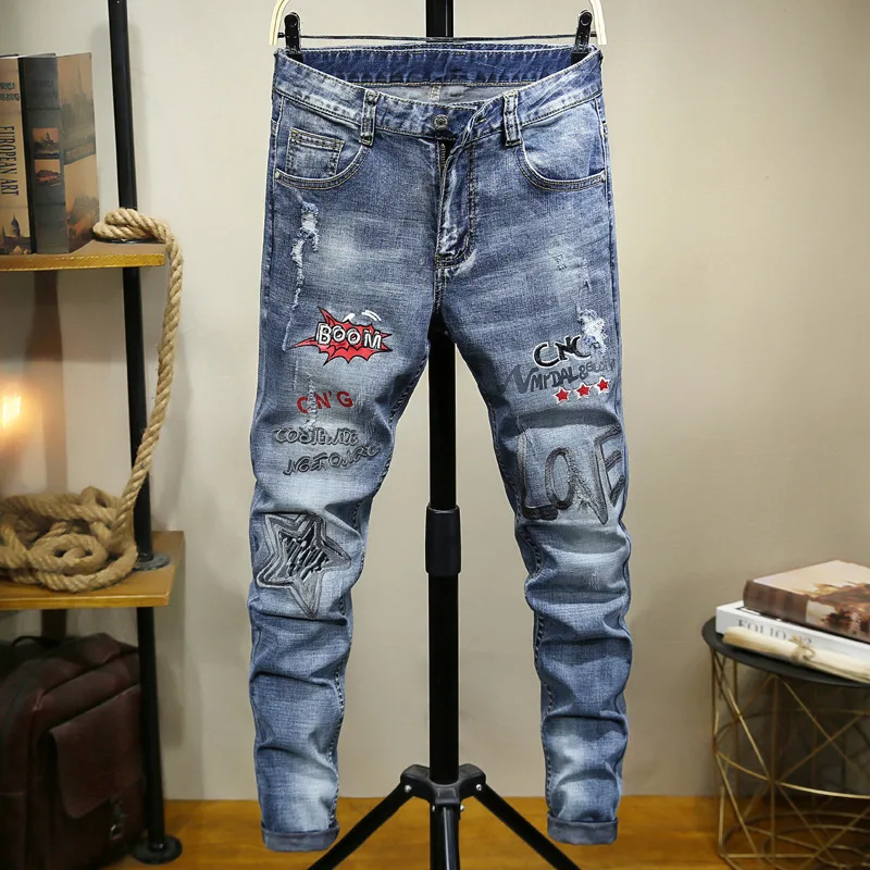 

2Y spring and autumn Europe and the United States new style paint embroidered small Leggings personalized hole slim men's jeans