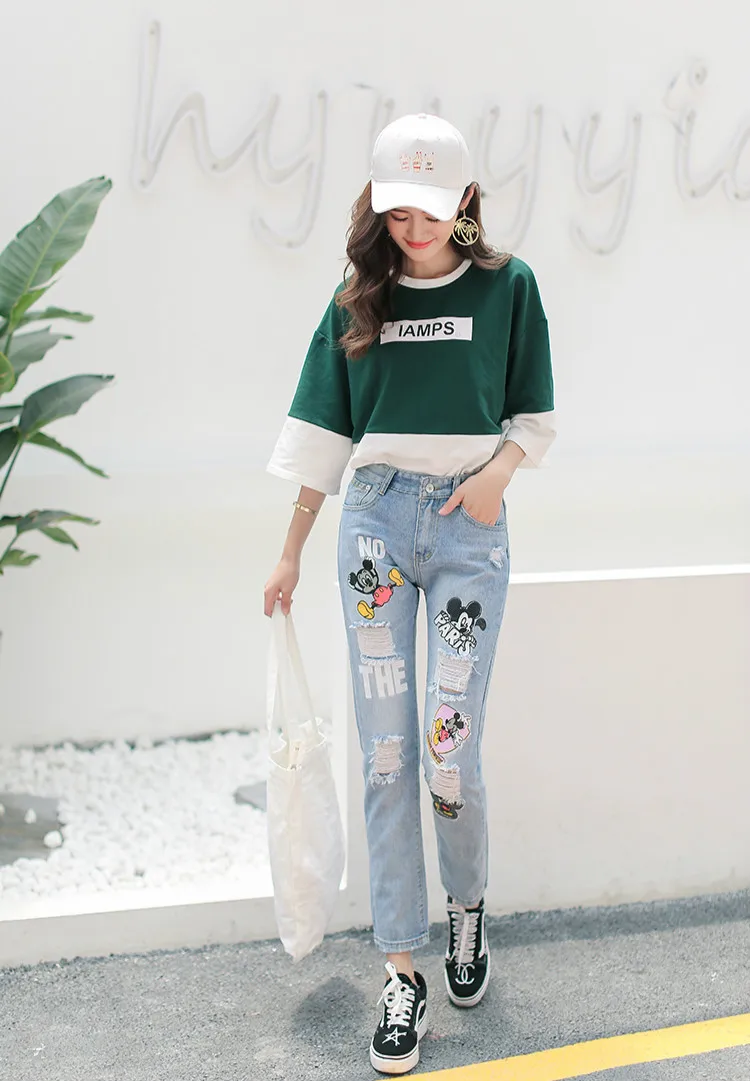 S-3XL, Harajuku, высокая талия, женские джинсы, шикарные, с дырками, с милым рисунком Микки, с вышивкой, для студентов, джинсовые штаны, хлопковые, свободные