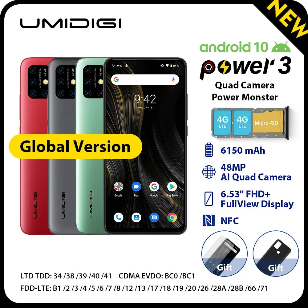 UMIDIGI power 3 смартфон Android 10 4 Гб 64 Гб 6,35 дюймов Восьмиядерный 48мп четырехъядерный камера 6150 мАч разблокированный NFC 4G мобильный телефон