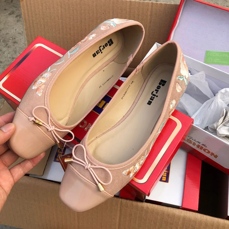 

NAN JIU MOUNTAIN Women's Flats Spring And Autumn Embroidery Square Toe Bow Single Shoes Ethnic Women's Shoes