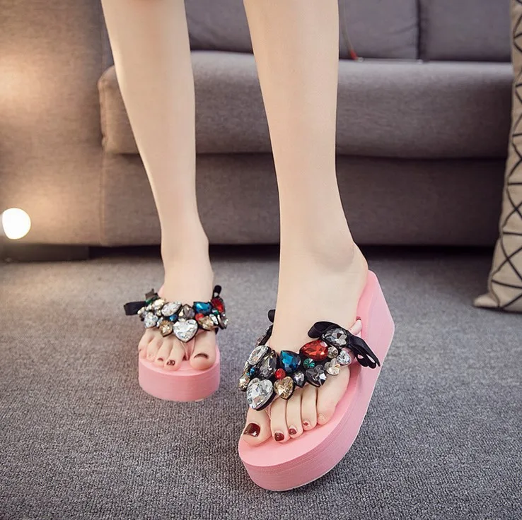 2019 Summer New Luxury Crystal Slippers Bow Womens Cheap Black Platform High Heels Comfortable Flip Flops Shoes Discount7