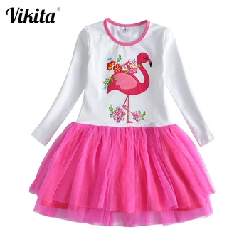 

VIKITA Girls Vestidos Autumn Children Embroidery Dresses Girls Princess Dress Girl Flamingo Fashion Birthday Party Tulle Dresses