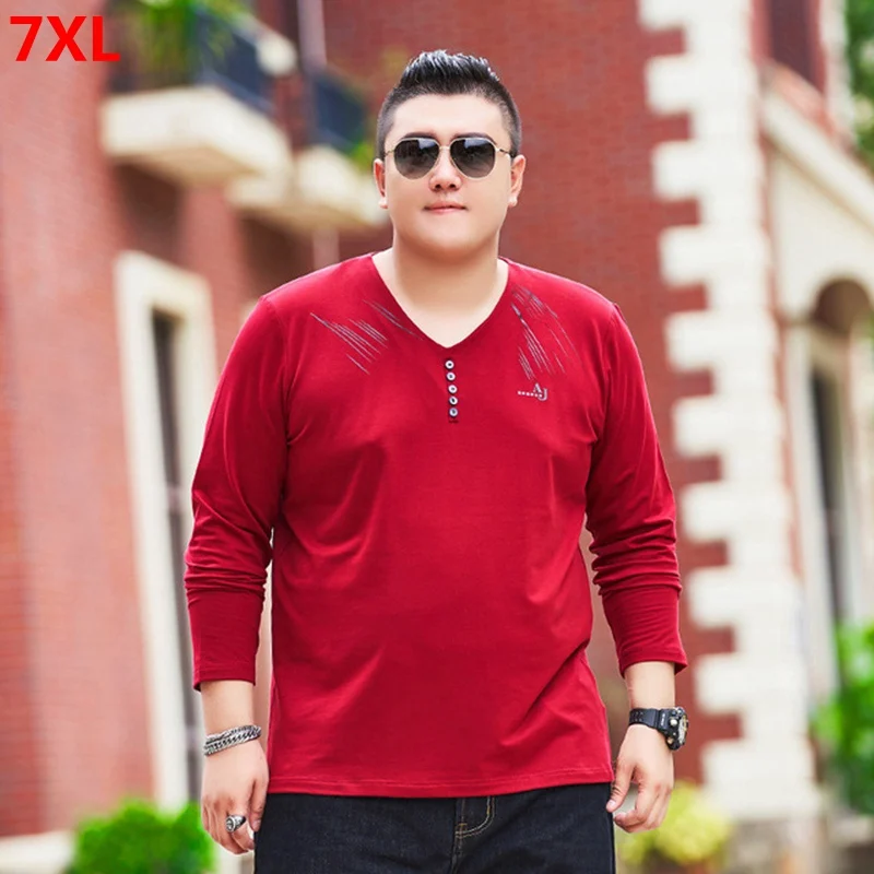 

Spring and autumn fat cotton long-sleeved T-shirt plus size XL fashion bottoming shirt tide fat V-neck men's red bottoming shirt