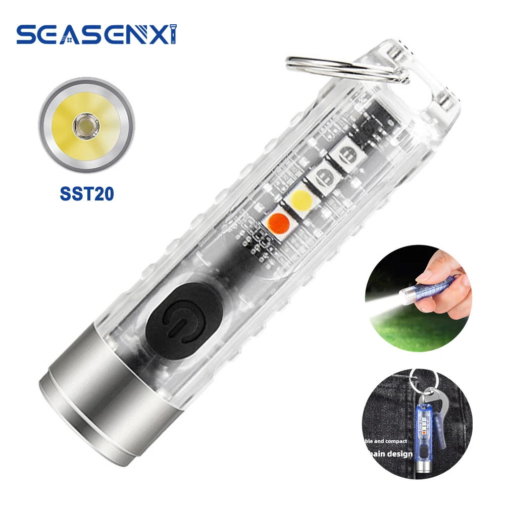 SEASENXI Mini LED Flashlight 10 Modes Waterproof Sidelight USB Rechargeable Keychain Light With Signal Light For Outdoor Running |