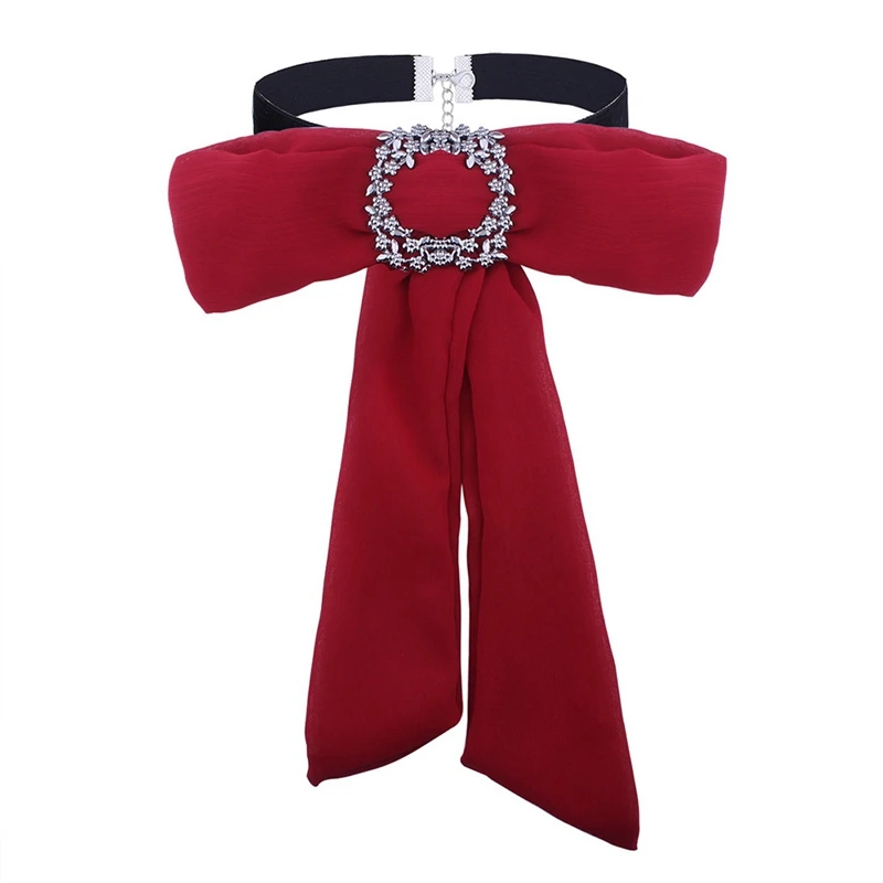 1pc Bowknot Cloth Shirt Necklaces cloth Neck Ties green red color Bow Necklace Women Choker Charms Pendants Collar Rhinestone - Metal Color: RD