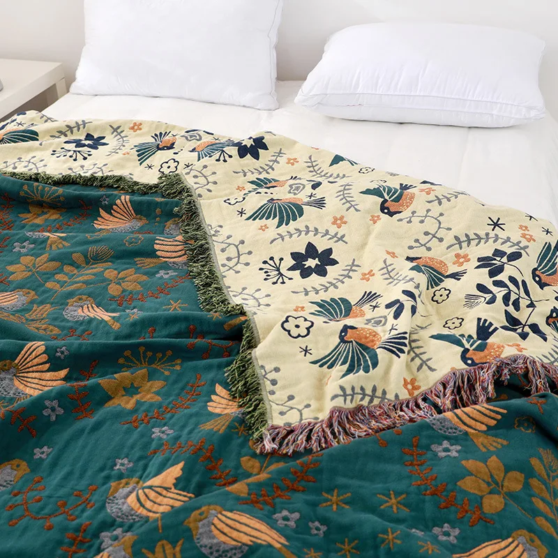 Fashion Cotton Throw Blanket Cover Boho Style Flowers Birds Embroidery Warm Bedspread for Sofa Bed Decorative Plaid Blankets - 4
